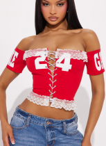 Sexy One Shoulder Slim Fit Printed Hot Girl Lace-up Backless Lace Vest Top