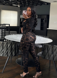 Sexy Long-sleeved Lace Large V-neck Exposed Navel Hip Tight Jumpsuit (with bra)