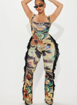 2025 Sexy Suspender Tassel Lace Printed Jumpsuit