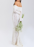 New One-shoulder Lace French Style High Waist Long Dress With Train