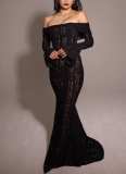 New One-shoulder Lace French Style High Waist Long Dress With Train