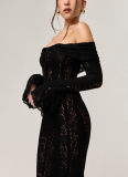 New One-shoulder Lace French Style High Waist Long Dress With Train