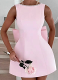 Fashion Slim Backless Pearl Bow Short Skirt Celebrity Style Dress