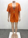 Fashion Solid Color Short-sleeved Suit Hgh Waist Shorts Two-piece Suit