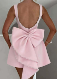 Fashion Slim Backless Pearl Bow Short Skirt Celebrity Style Dress