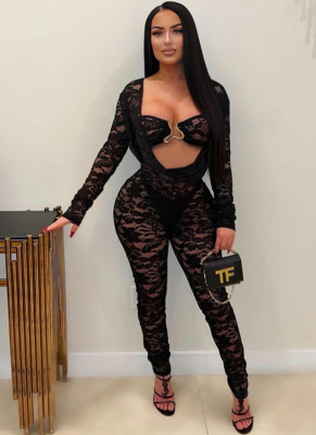 Sexy Long-sleeved Lace Large V-neck Exposed Navel Hip Tight Jumpsuit (with bra)