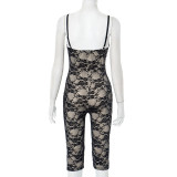 Summer Lace Suspender Bowknot V-neck Sleeveless Tight Five-point Jumpsuit