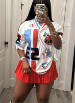 Casual Loose Simple Printed Contrast Retro Sports Short-sleeved T-shirt Top