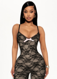 Summer Lace Suspender Bowknot V-neck Sleeveless Tight Five-point Jumpsuit
