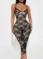 Summer Lace Suspender Bowknot V-neck Sleeveless Tight Five-point Jumpsuit
