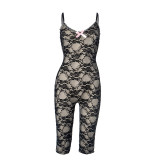 Summer Lace Suspender Bowknot V-neck Sleeveless Tight Five-point Jumpsuit