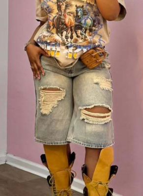 New High Waist Loose Retro Distressed Ripped Denim Straight Wide Leg Pants