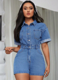 New Denim Lapel Short Sleeve Waist Short Jumpsuit