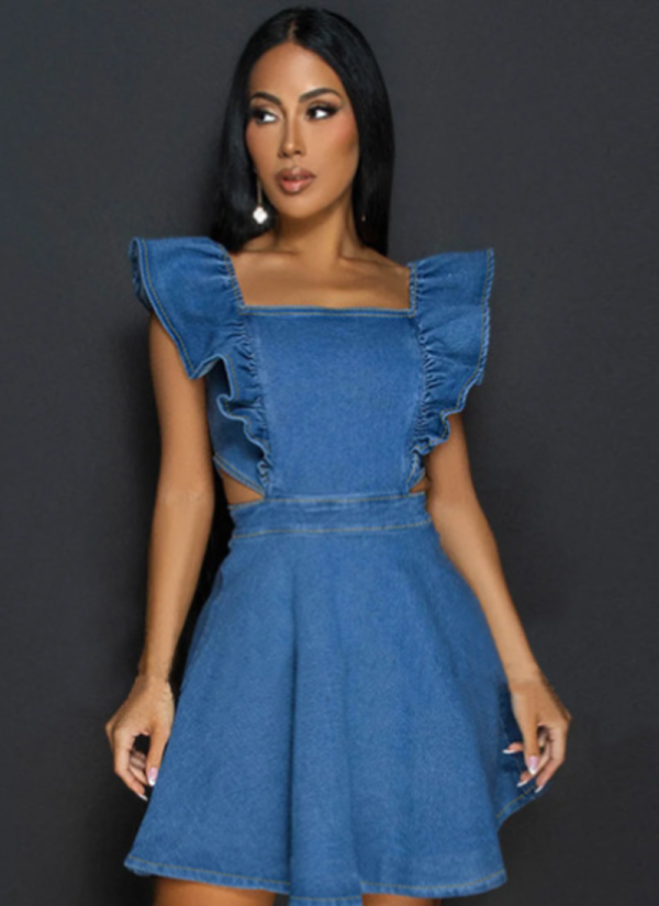 Women'S Blue Sleeveless Flying Shoulder Hollow Denim Dress