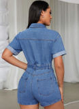 New Denim Lapel Short Sleeve Waist Short Jumpsuit