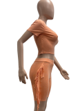 Acid-Washed Distressed Top With Fringed Stretch Shorts Two-Piece Set