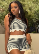 Fashion Casual Summer Contrast Color Knitted Short-Sleeved Vest Shorts Two-Piece Suit For Women
