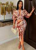V-Neck Short-Sleeved Slim-Fit Printed Slit Dress