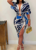 V-Neck Short-Sleeved Slim-Fit Printed Slit Dress