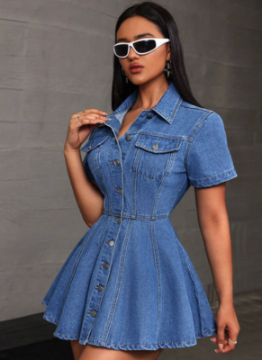 New Denim Casual Waist Lapel Dress