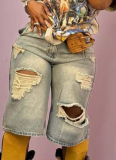 New Summer High Waist Loose Retro Ripped Denim Straight Shorts