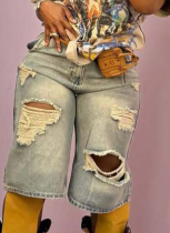 New Summer High Waist Loose Retro Ripped Denim Straight Shorts