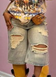 New Summer High Waist Loose Retro Ripped Denim Straight Shorts