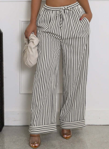 Summer New Casual Lace-Up Striped Pocket Wide-Leg Pants