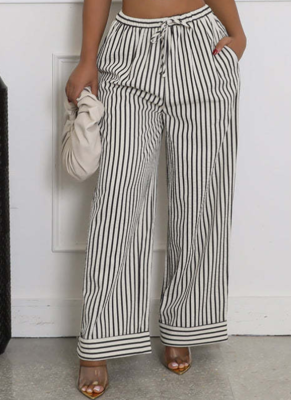 Summer New Casual Lace-Up Striped Pocket Wide-Leg Pants