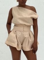 Fresh Off-the-shoulder Shirt With High Waist and Wide-leg Shorts Two-piece Suit