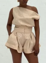 Fresh Off-the-shoulder Shirt With High Waist and Wide-leg Shorts Two-piece Suit
