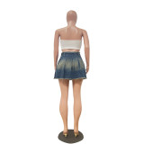 Casual Washed Denim Short Pleated Skirt