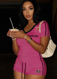 Slim Fit Sexy Printed V-Neck Short Sleeve Top Lace-Up Shorts Two-Piece Set