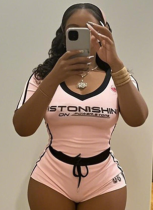 Slim Fit Sexy Printed V-Neck Short Sleeve Top Lace-Up Shorts Two-Piece Set