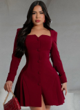 Fashionable Women'S Elegant Deep V Long Sleeve Ruffled Short Dress