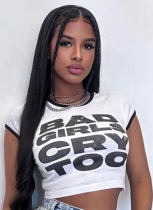 Summer New Letter Print Contrast Color Edge Short Sleeve Top For Women