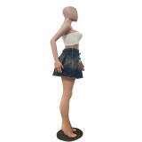 Casual Washed Denim Short Pleated Skirt