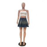 Casual Washed Denim Short Pleated Skirt