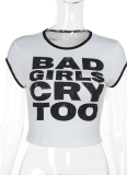 Summer New Letter Print Contrast Color Edge Short Sleeve Top For Women