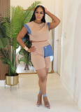 Casual Denim Patchwork Design Short-sleeved Top and Shorts Two-piece Set