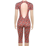 Fashion Street Round Neck Short Sleeve Personality Print Tight Cropped Pants Jumpsuit