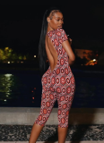 Fashion Street Round Neck Short Sleeve Personality Print Tight Cropped Pants Jumpsuit