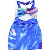 Fashion Personality Contrast Color Printing Sexy Hollow Slim Halter Neck Dress