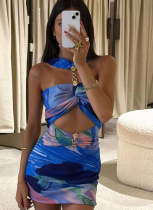 Fashion Personality Contrast Color Printing Sexy Hollow Slim Halter Neck Dress