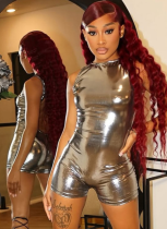 Fashion Sleeveless Pullover Solid Color Shiny Tight Hip-hugging Jumpsuit Shorts