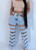 Fashion Hollow High Waist Straight Leg Ripped Jeans