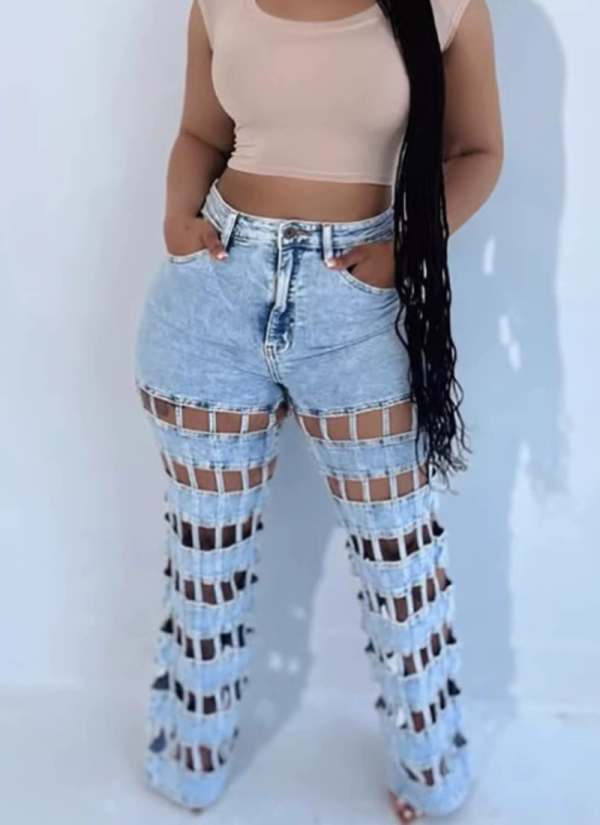 Fashion Hollow High Waist Straight Leg Ripped Jeans