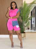 Casual Denim Patchwork Design Short-sleeved Top and Shorts Two-piece Set