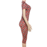 Fashion Street Round Neck Short Sleeve Personality Print Tight Cropped Pants Jumpsuit