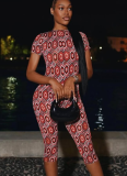 Fashion Street Round Neck Short Sleeve Personality Print Tight Cropped Pants Jumpsuit